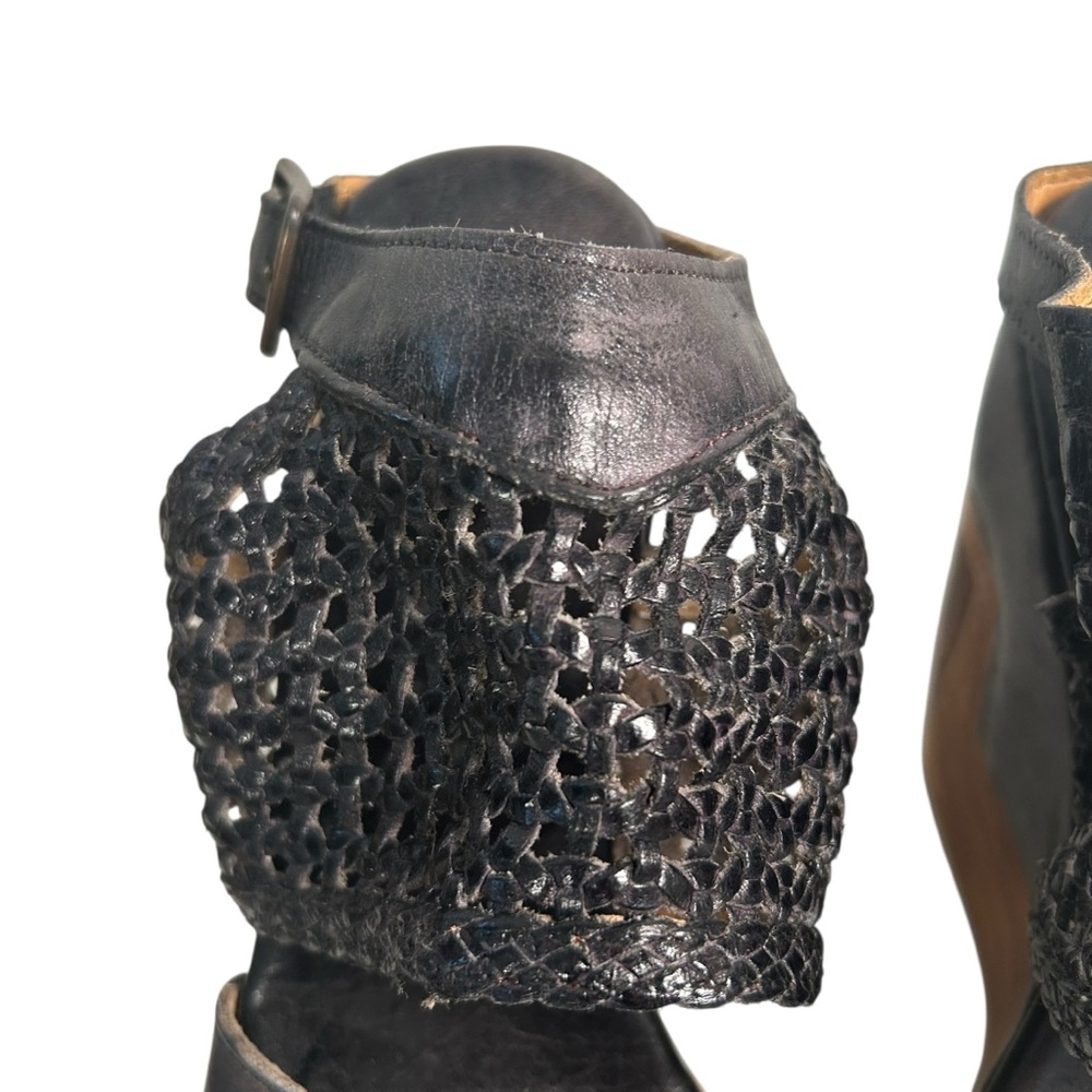 Bed Stu Petra Black Weaved Leather Distressed Wedge Sandal Size 7 Boho Chunky - Picture 5 of 12